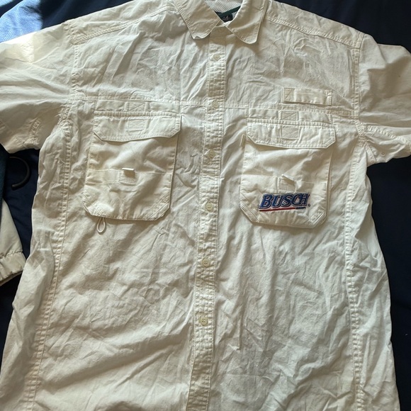 Busch Button Up Adult medium Mens White Short Sleeve 100% Cotton Caped Shirt.NWO - Picture 1 of 7